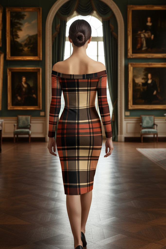 Woman wearing a Scottish tartan off shoulder dress in classic plaid pattern inside elegant room