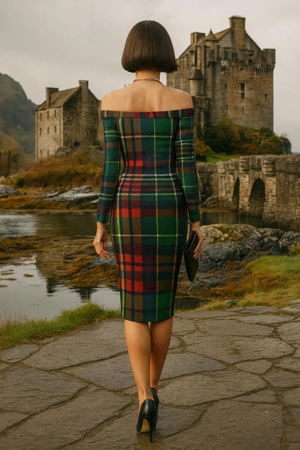 Woman wearing luxury Scottish tartan off-shoulder dress walking near historic stone castle and bridge