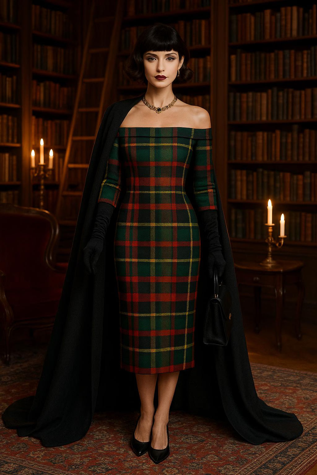 Elegant Scottish tartan off-shoulder dress in green and red plaid worn with black gloves and cape