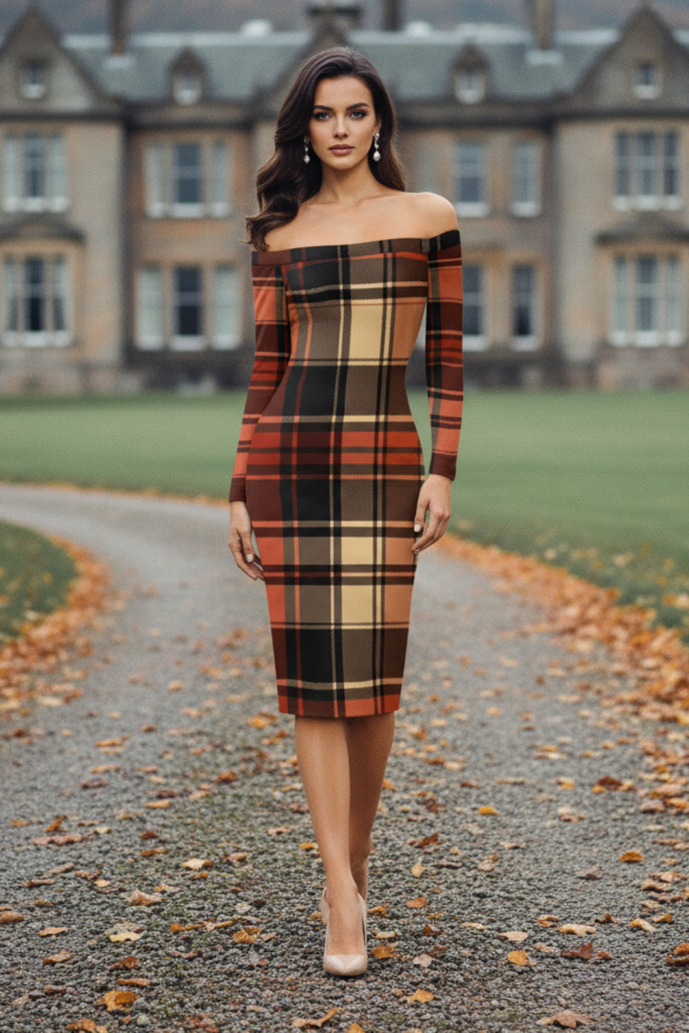 Woman wearing a Scottish tartan off shoulder dress in orange and beige plaid pattern at outdoor historic estate