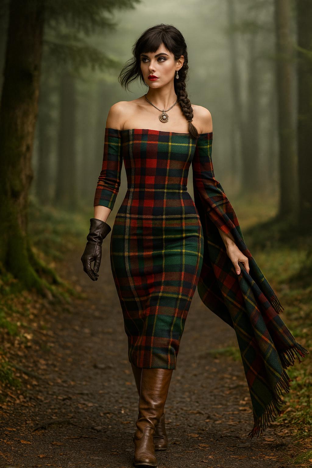 Luxury Scottish tartan off-shoulder dress with long sleeves worn with brown boots in forest