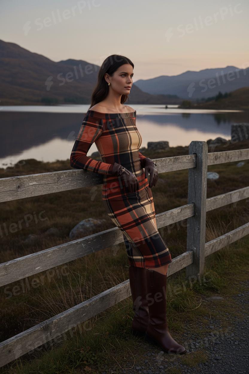 Woman wearing Scottish tartan off shoulder dress by Angelic Blessings Shop standing by wooden fence near lake