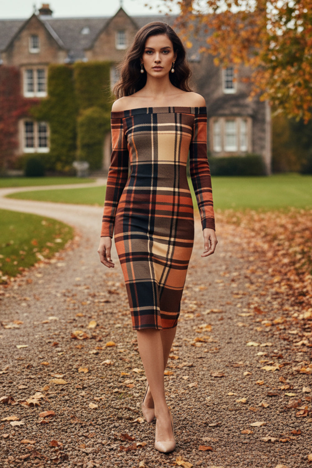 Scottish tartan off shoulder dress in warm autumn colors worn by a woman walking on a leaf-covered path