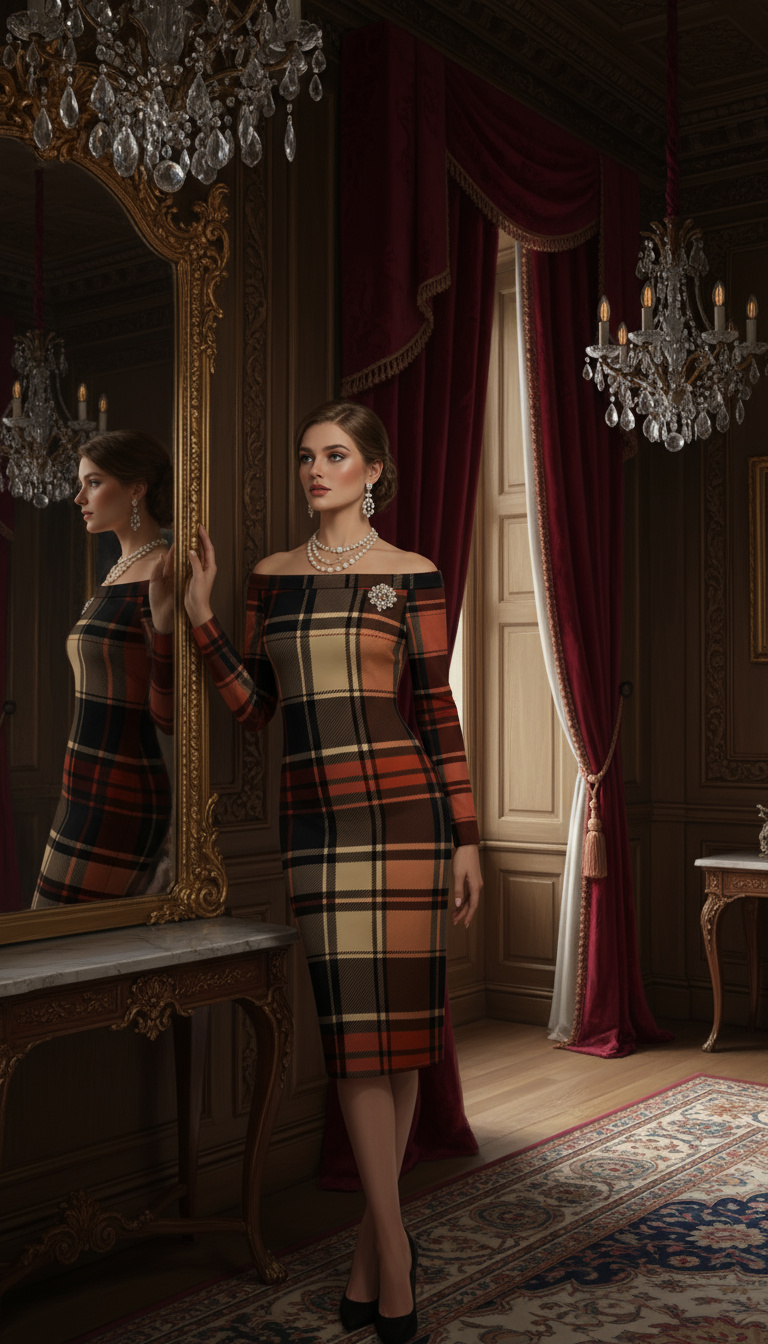Woman wearing Scottish tartan off shoulder dress standing by ornate mirror in elegant room