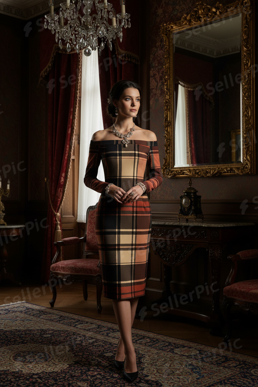 Woman wearing Scottish tartan off shoulder dress in elegant room with vintage decor