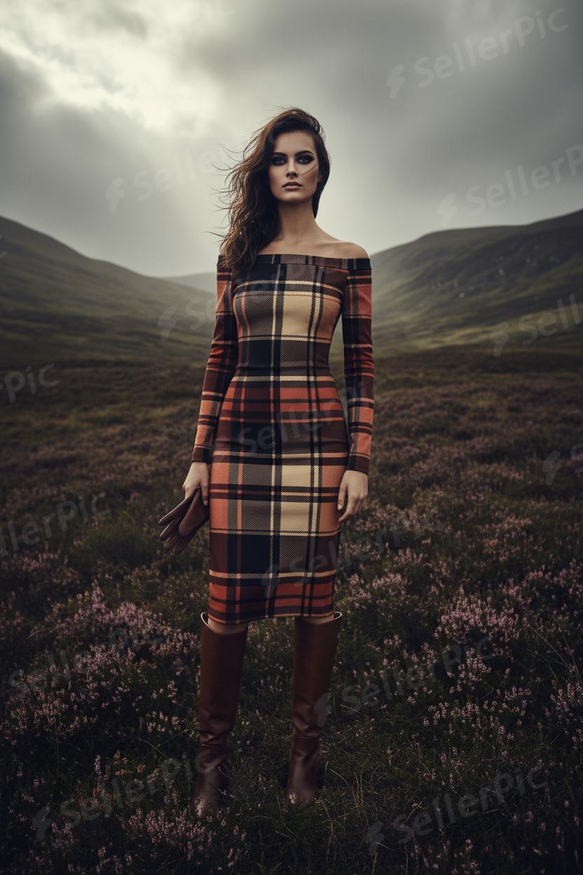 Woman wearing Scottish tartan off shoulder dress with long sleeves standing in a moorland landscape