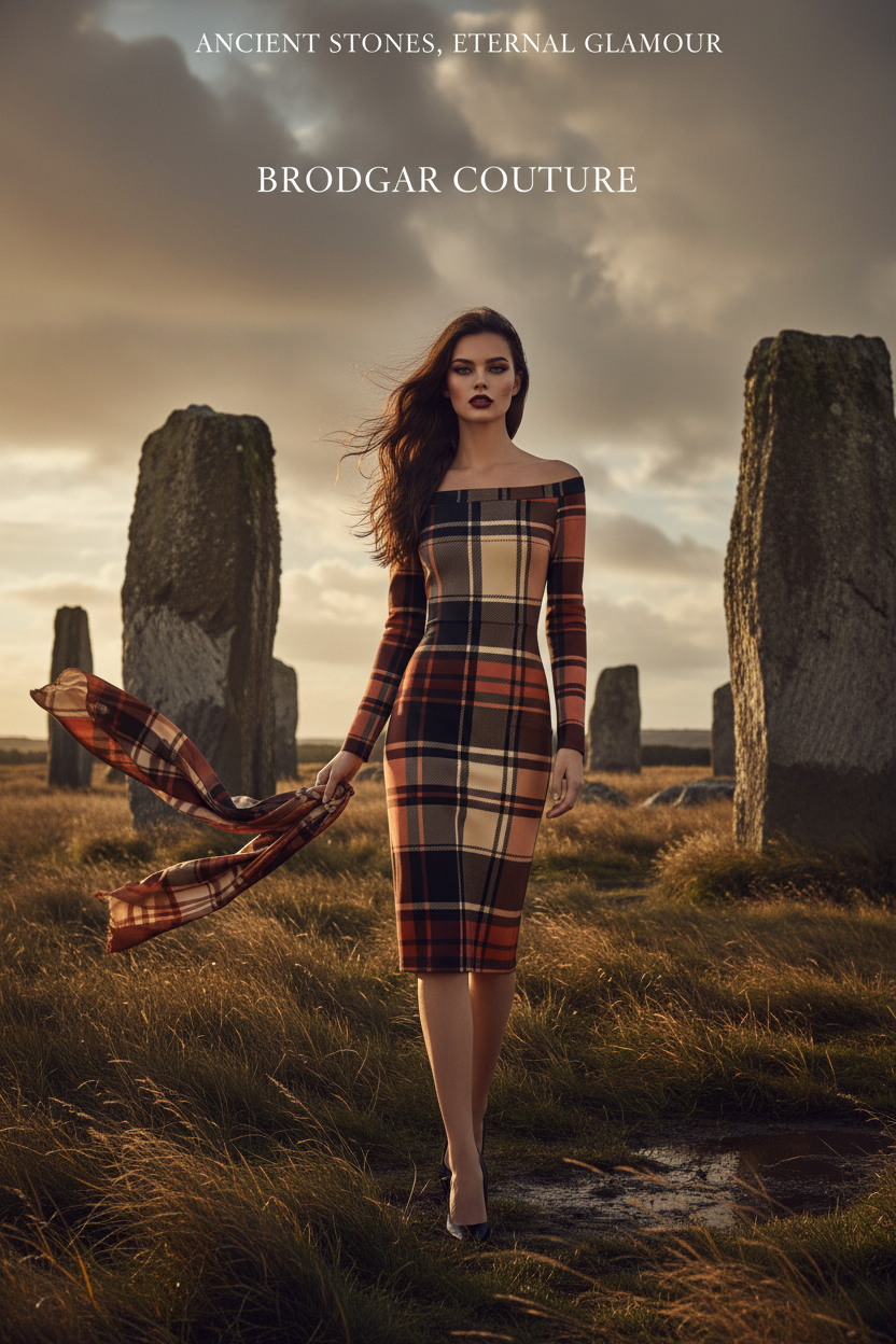 Scottish tartan off shoulder dress by Angelic Blessings Shop worn by model at ancient stone site