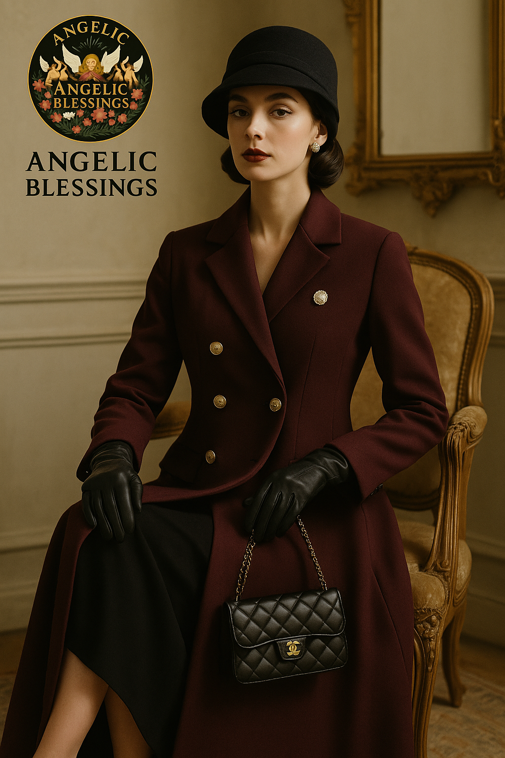 Luxury burgundy trench coat women styled with black gloves and hat for elegant fashion look