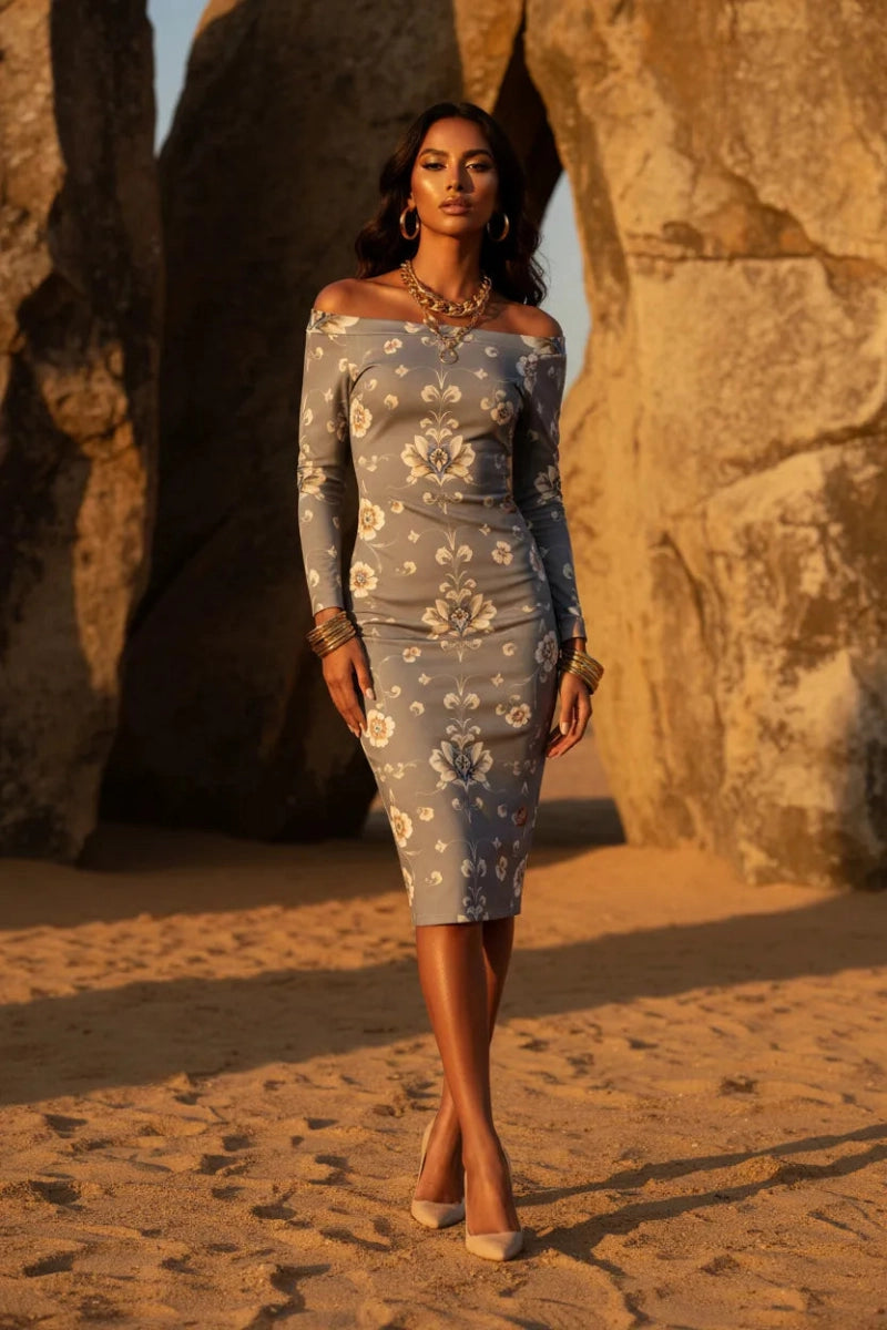 Silver Baroque Floral Off-Shoulder bodycon midi dress Elegant Evening Outfit Stylish and Sophisticated