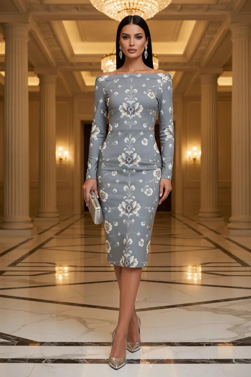 Silver Baroque Floral Off-Shoulder bodycon midi dress elegant evening outfit formal style
