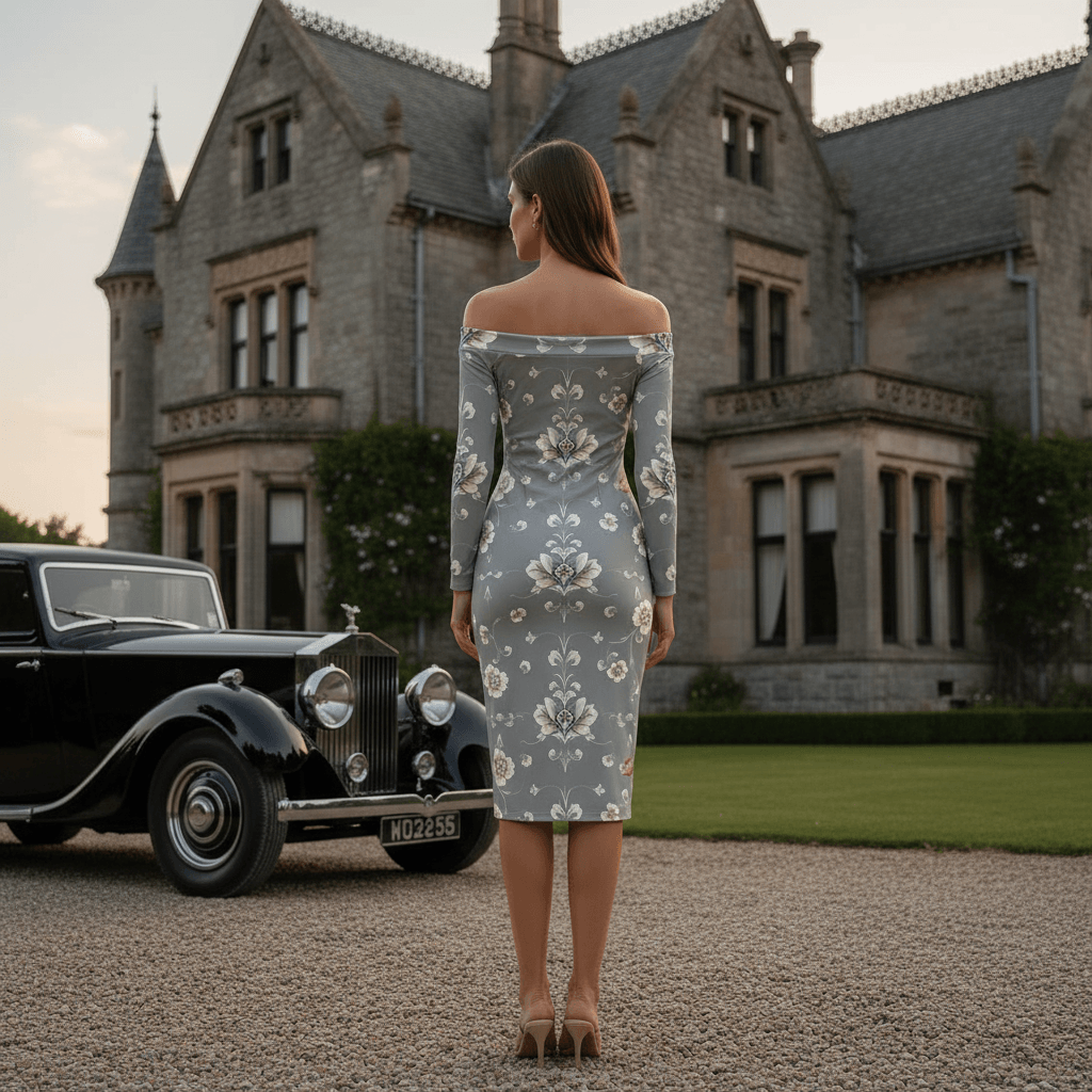 Elegant woman wearing silver floral off shoulder midi dress with long sleeves – Victorian Baroque wrap style for weddings or galas