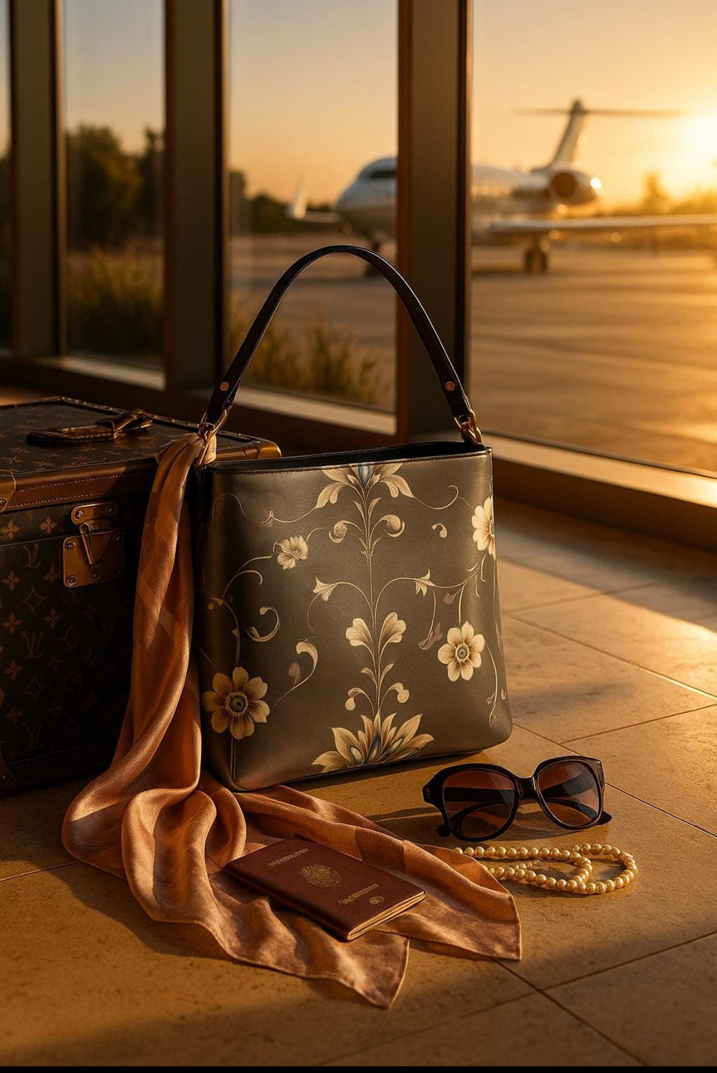 Silver floral baroque bucket bag from Angelic Blessings Shop displayed with sunglasses, scarf, and pearl bracelet by airport window