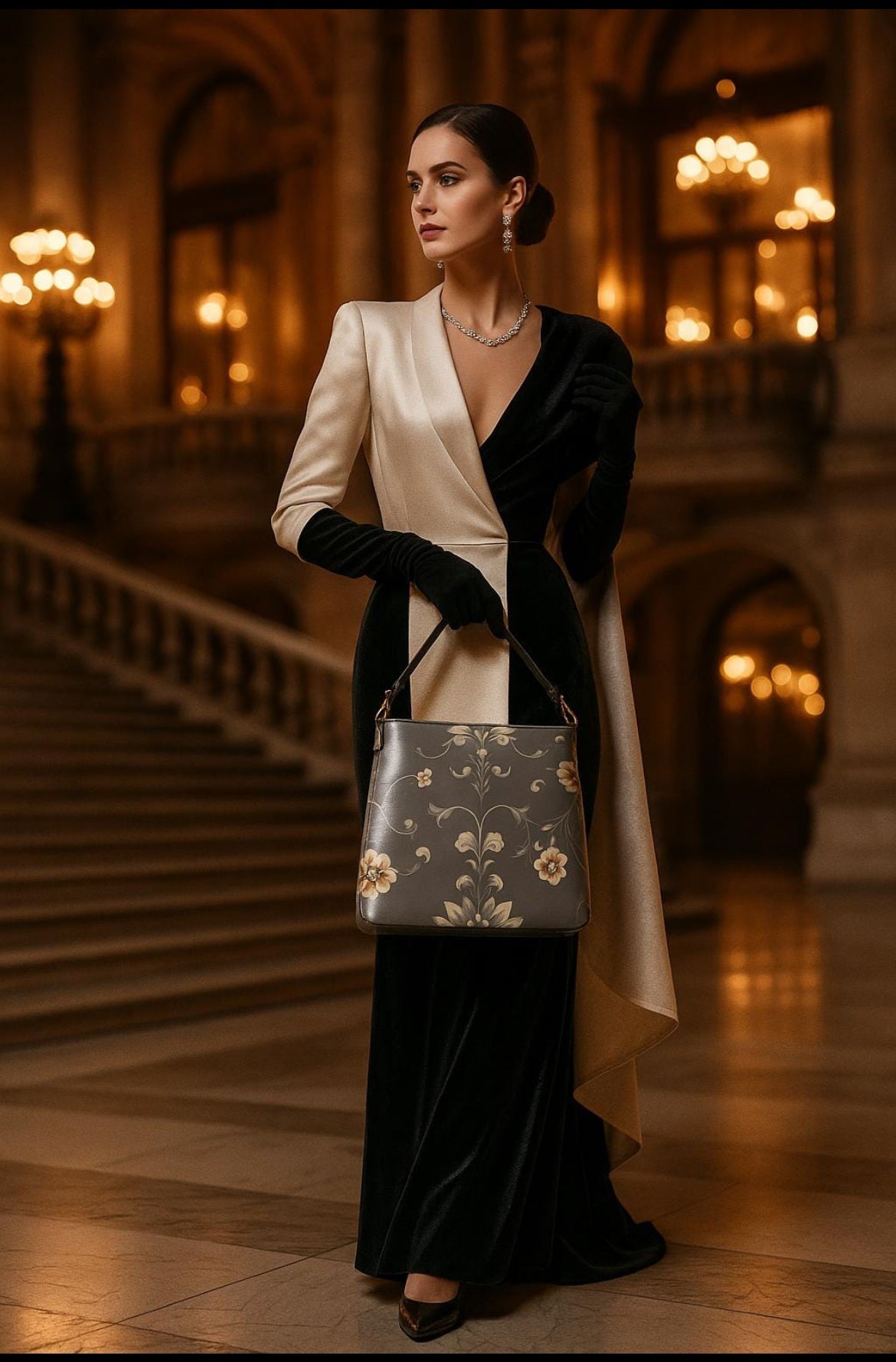 Elegant woman holding silver floral baroque bucket bag in luxurious evening setting