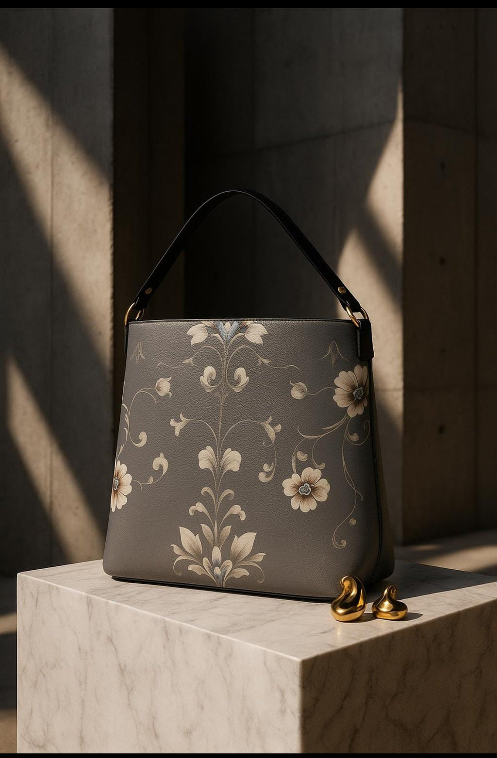 Silver floral baroque bucket bag with intricate flower patterns and black handle by Angelic Blessings Shop