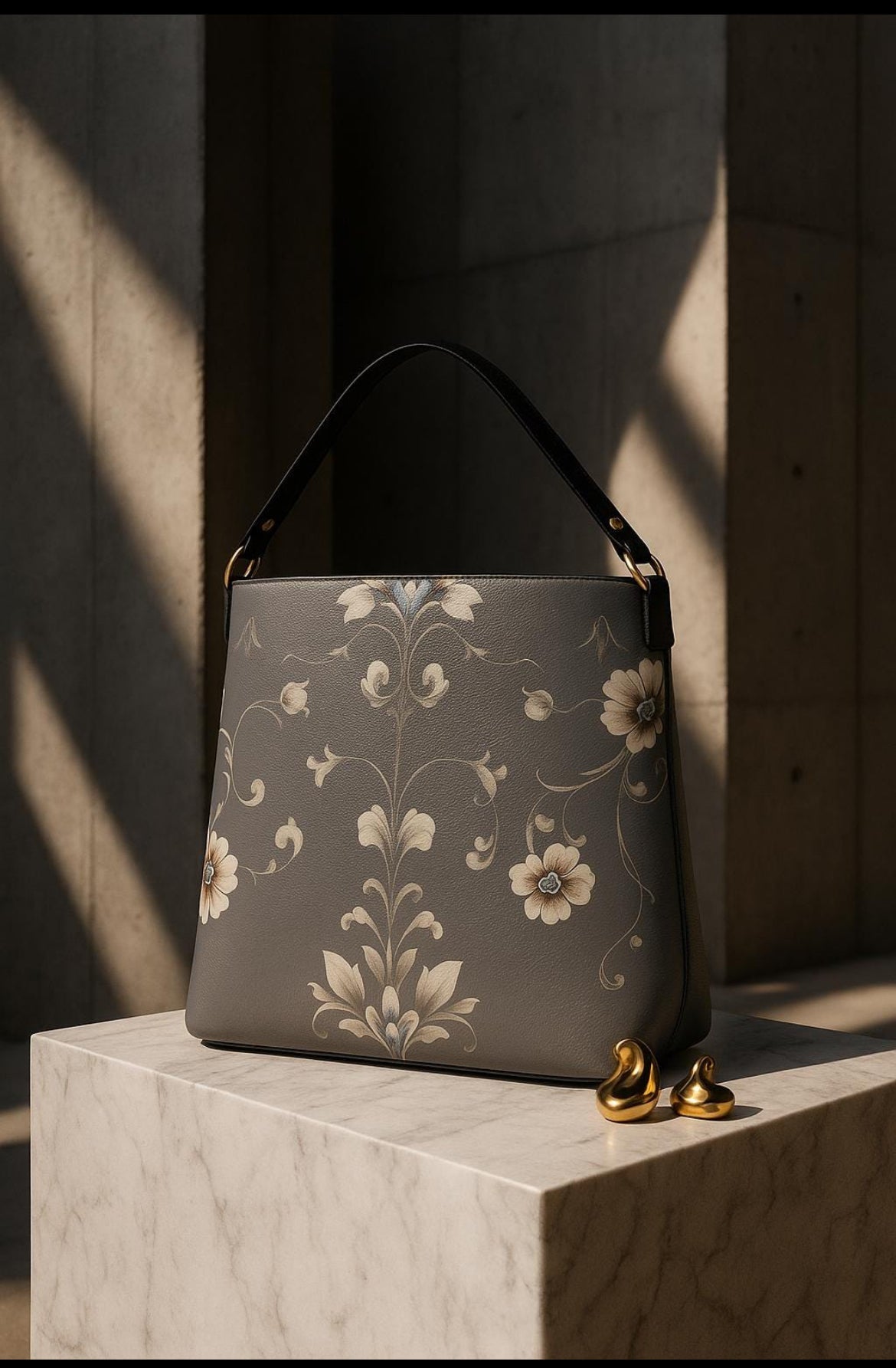 Silver floral baroque bucket bag with intricate flower patterns and black handle by Angelic Blessings Shop