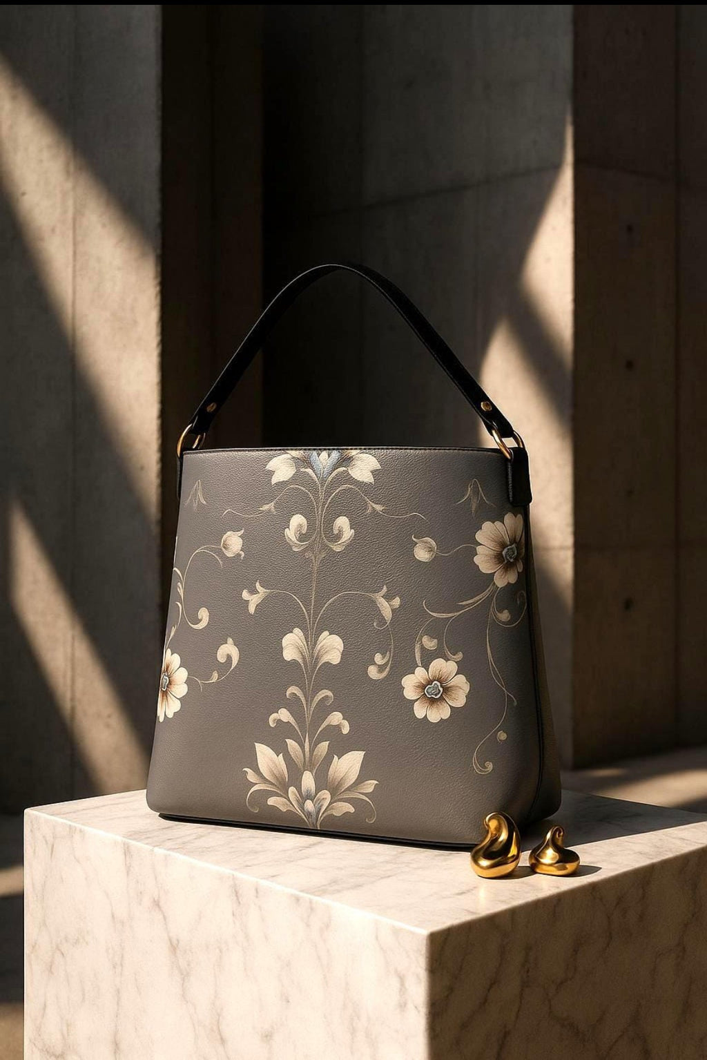 Silver floral baroque bucket bag from Angelic Blessings Shop with elegant flower patterns and black handle