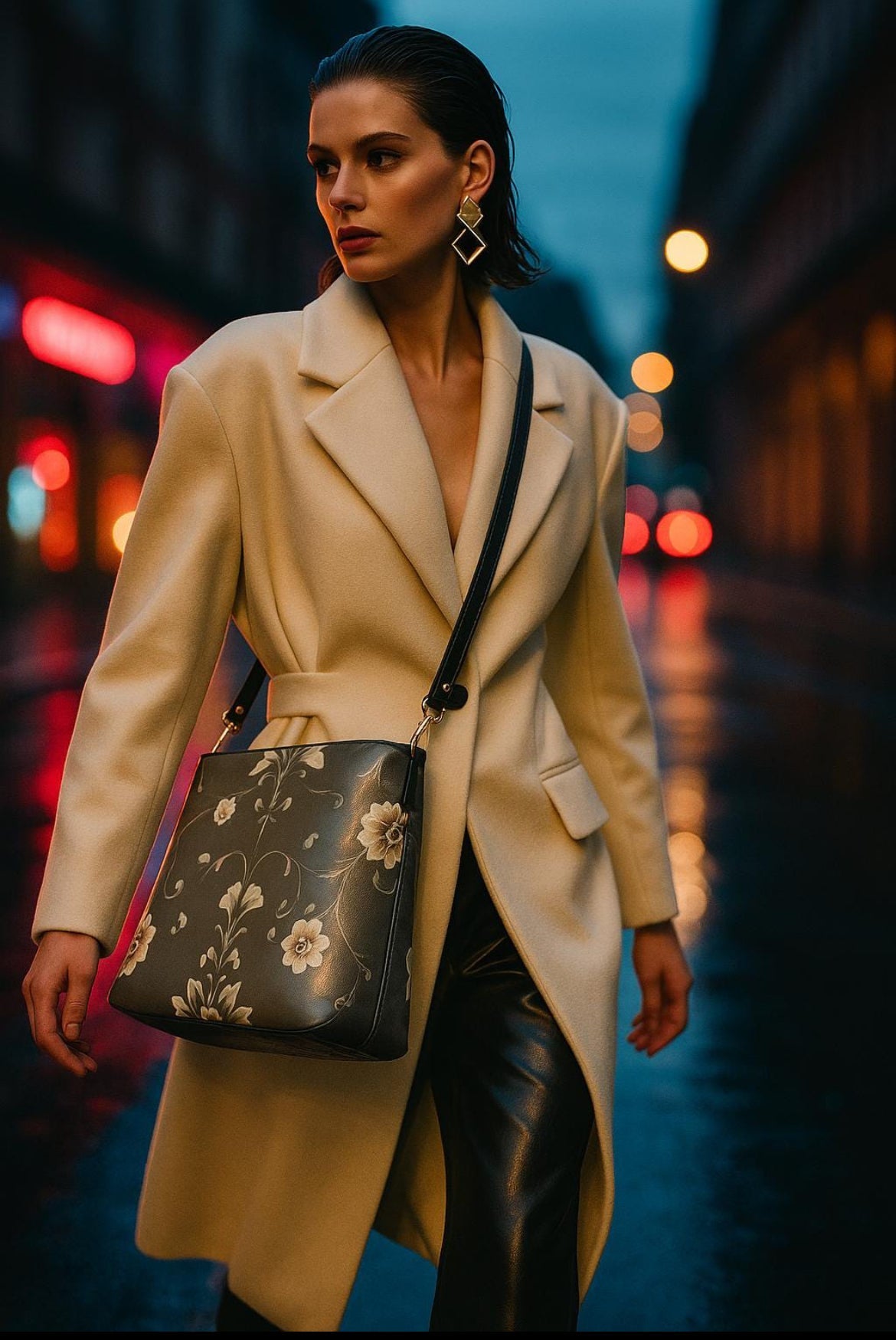 Woman wearing beige coat carrying silver floral baroque bucket bag on city street at night