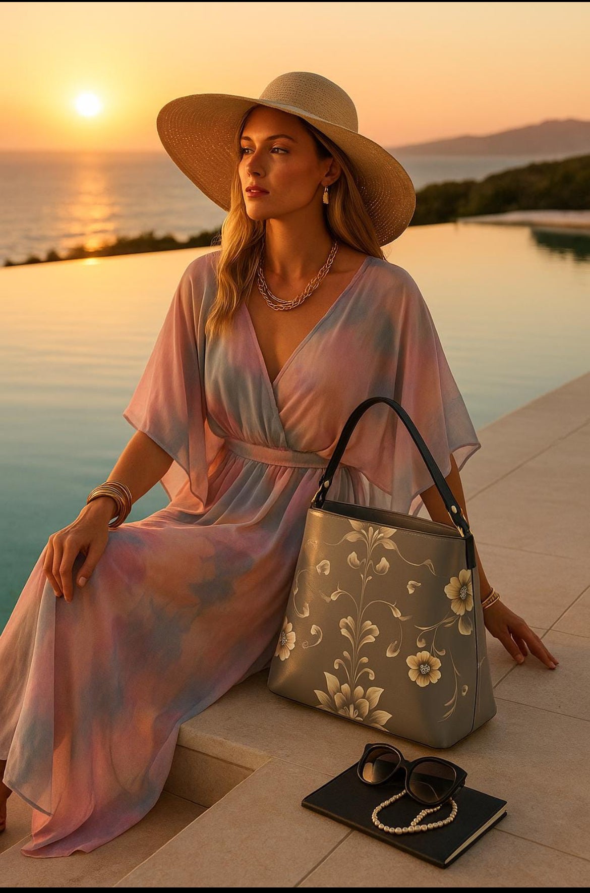 Silver floral baroque bucket bag from Angelic Blessings Shop displayed with a woman in a pastel dress and sun hat by the pool at sunset