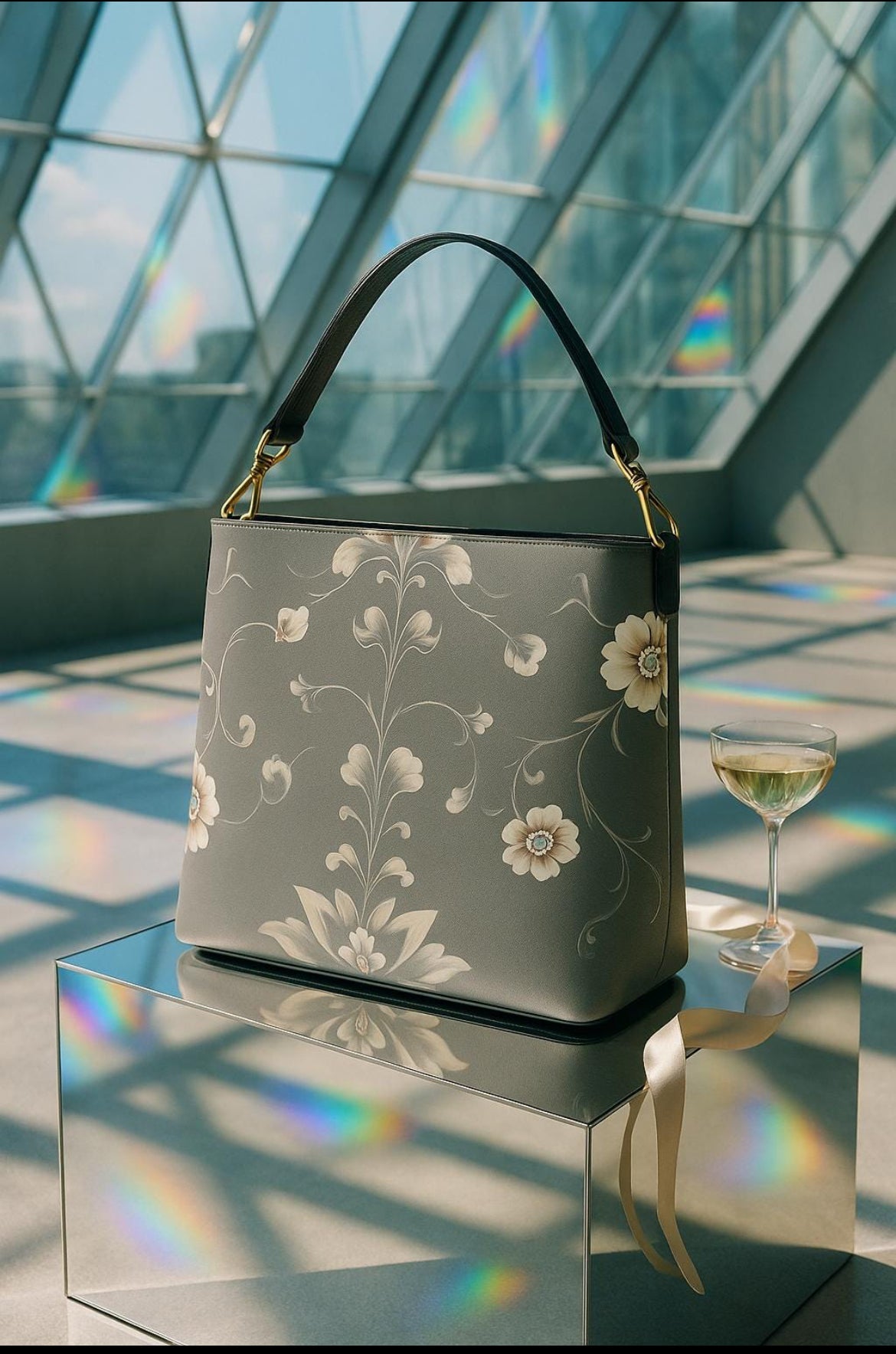 Silver floral baroque bucket bag from Angelic Blessings Shop displayed on reflective surface with elegant floral design