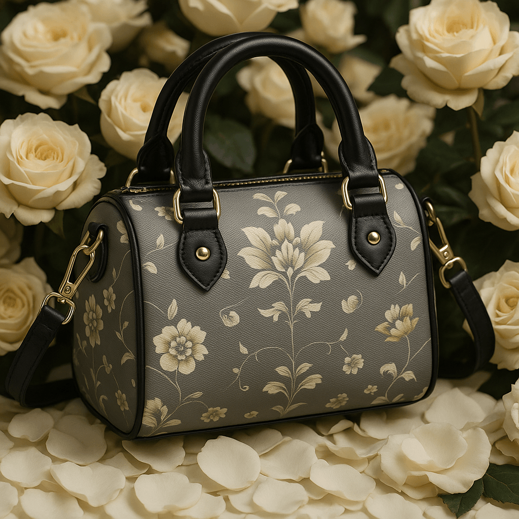 Silver floral baroque Crossbody satchel barrel handbag with black handles and gold hardware