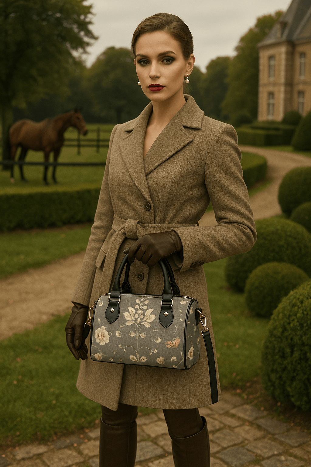 Elegant woman holding silver floral baroque Crossbody satchel handbag in outdoor garden setting