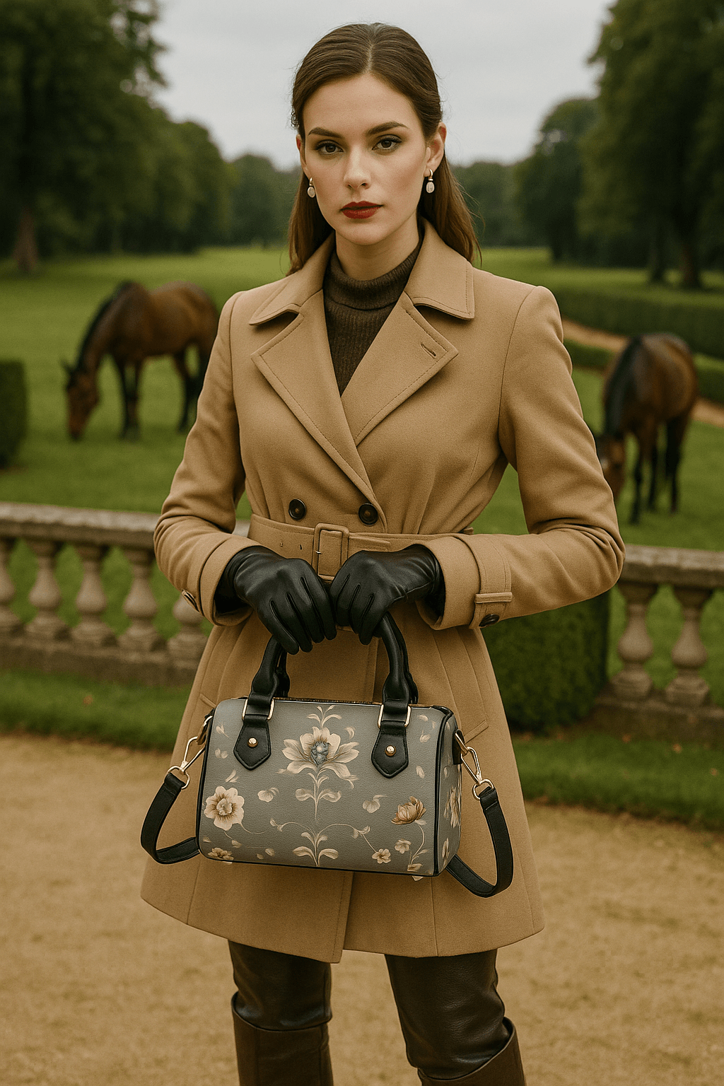 Woman holding a silver floral baroque Crossbody satchel barrel handbag in outdoor garden setting