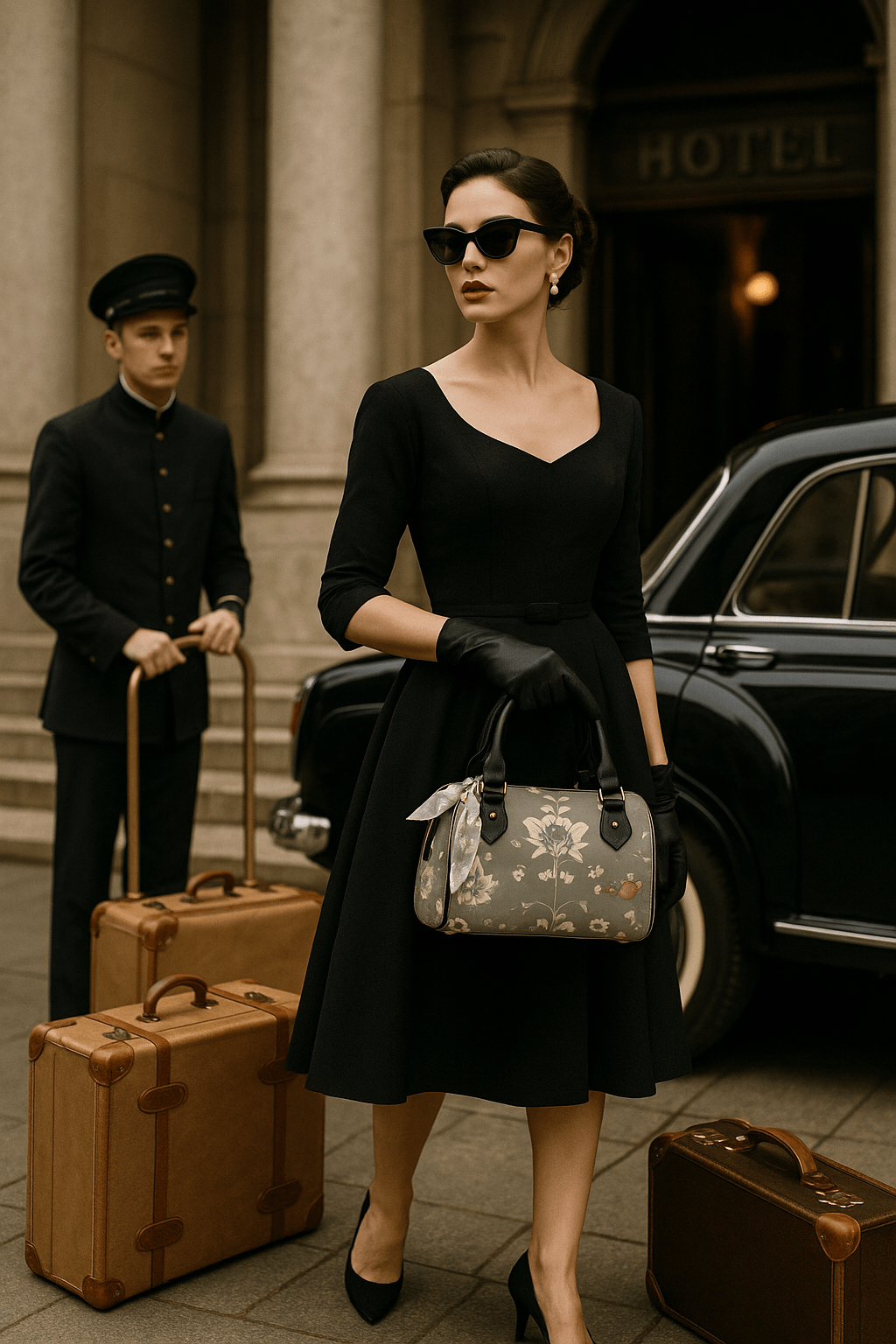 Silver floral baroque Crossbody satchel handbag held by woman in black dress with vintage luggage