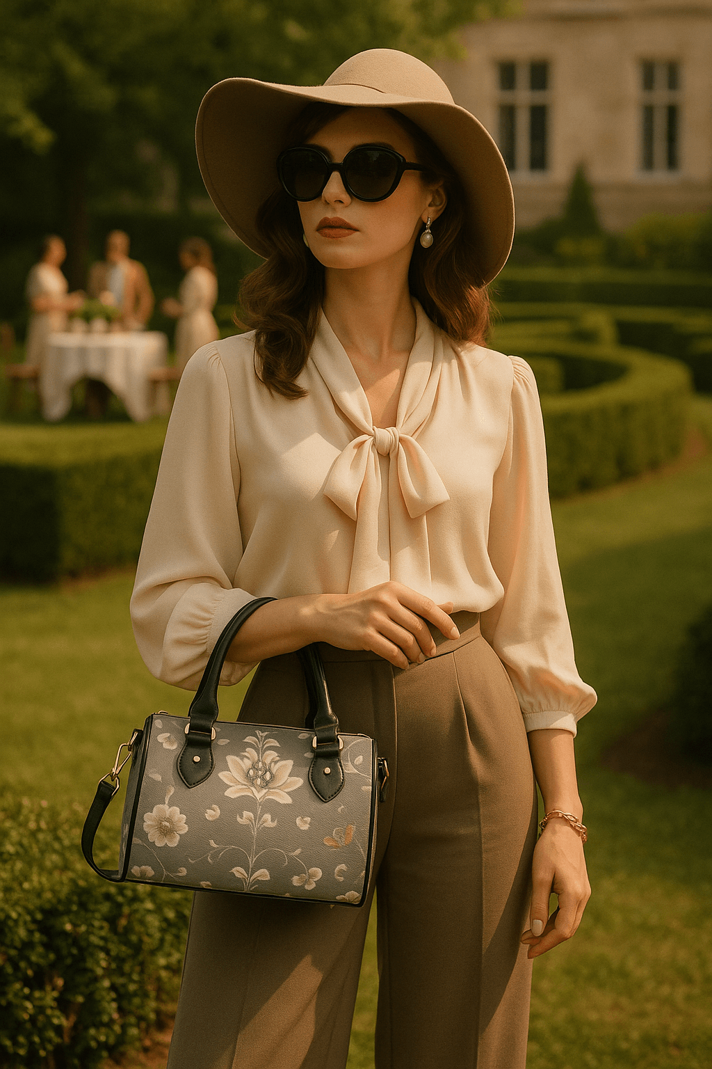 Silver floral baroque Crossbody satchel barrel handbag with floral design held by woman in beige outfit