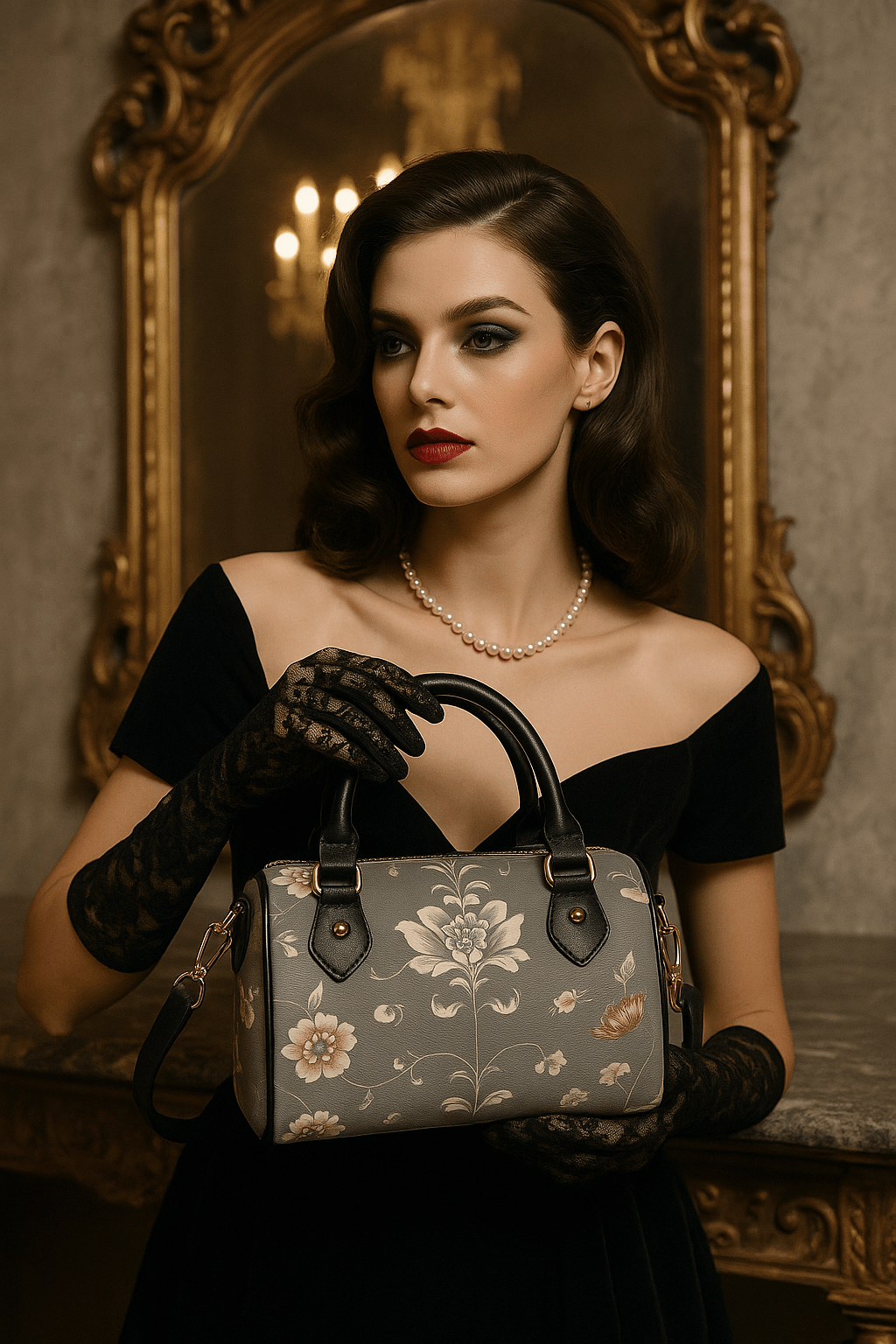 Silver floral baroque Crossbody satchel barrel handbag with black handles held by woman in black dress