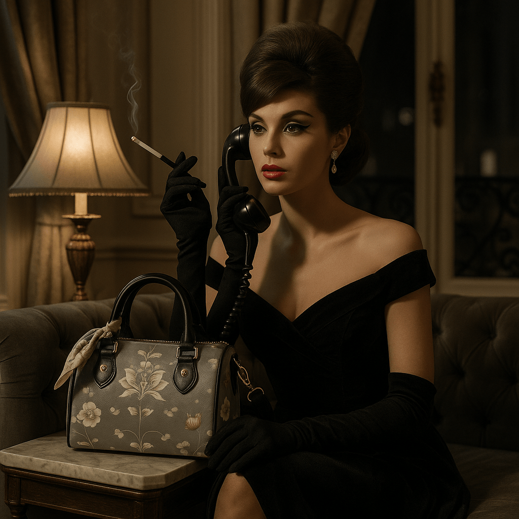 Silver floral baroque Crossbody satchel barrel handbag on table next to woman in black dress and gloves