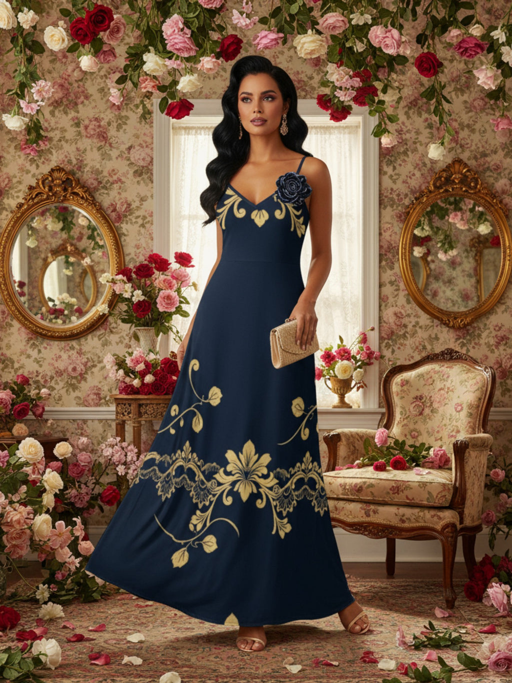 Royal blue maxi dress for women with gold floral embroidery from Angelic Blessings Shop