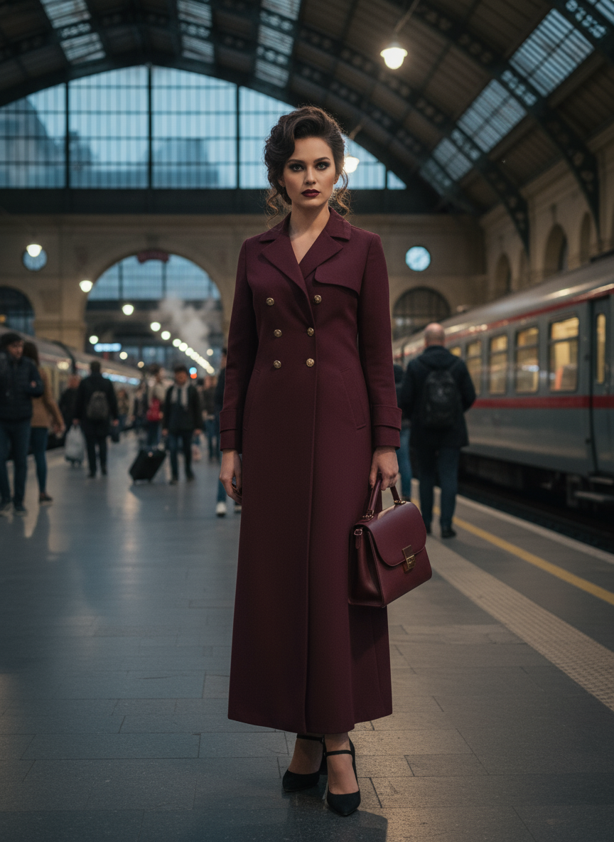 Luxury burgundy trench coat women long double-breasted style worn at train station