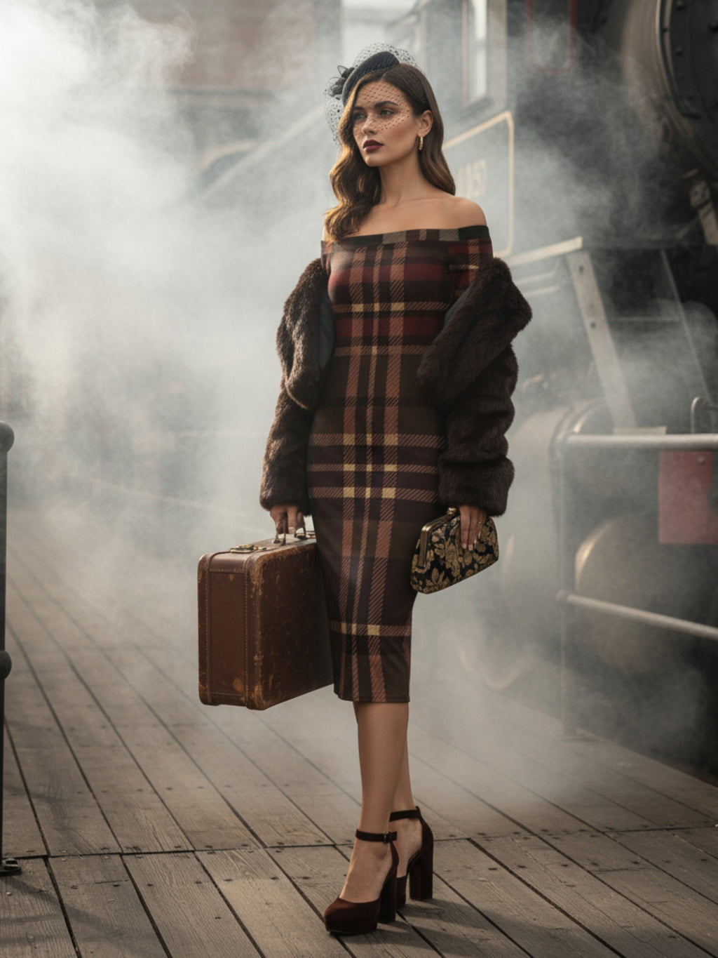 Model wearing a tartan off the shoulder midi dress with a fur coat and heels at a vintage train station
