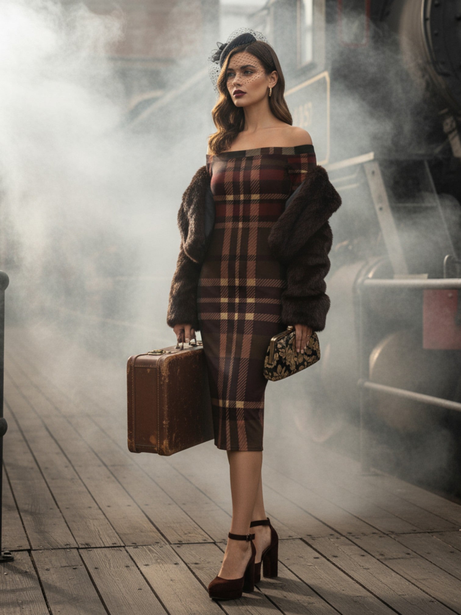 Model wearing a tartan off the shoulder midi dress with a fur coat and heels at a vintage train station