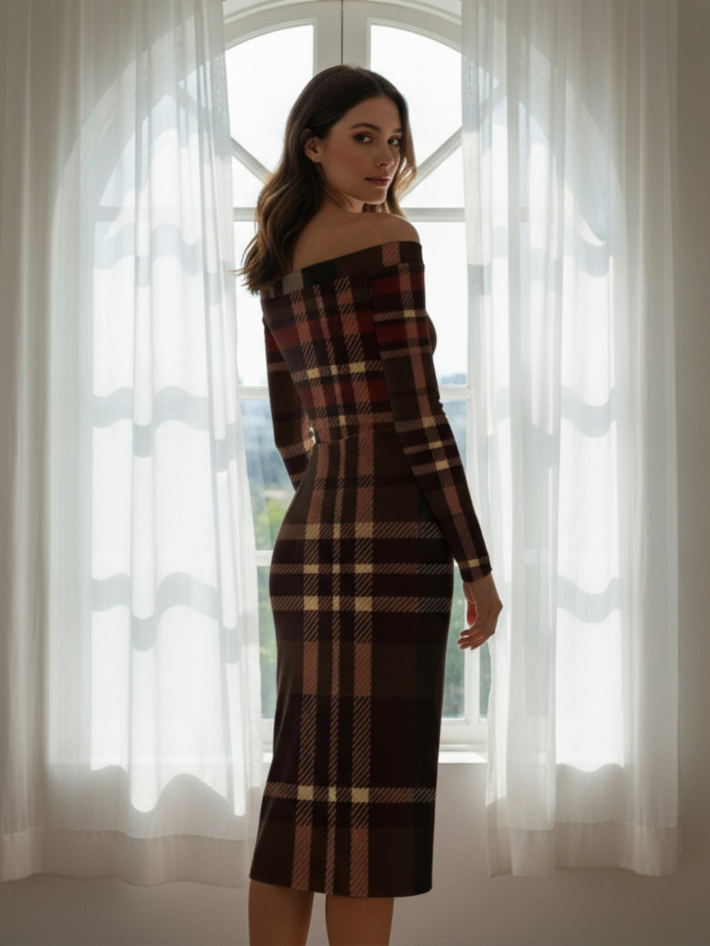 Woman wearing Tara Tartan off-the-shoulder long sleeve midi dress