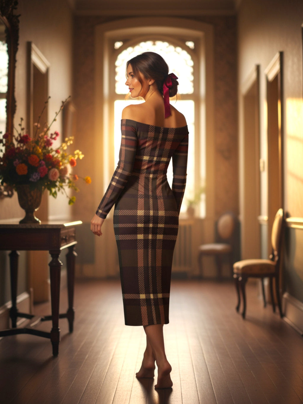 Full-length view of tartan off-shoulder bodycon dress with long sleeves