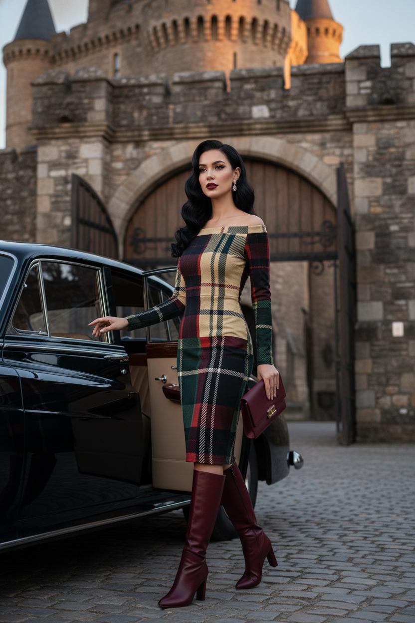 Elegant tartan midi dress for office wear with long sleeves and off shoulder neckline