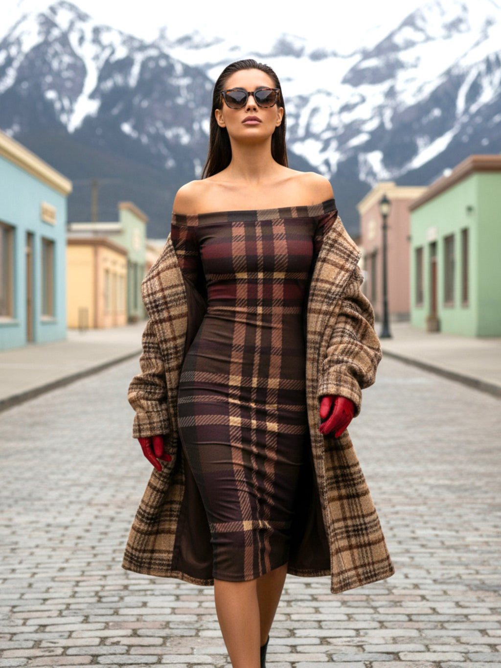 Woman wearing Tara Tartan off-the-shoulder long sleeve midi wrap dress