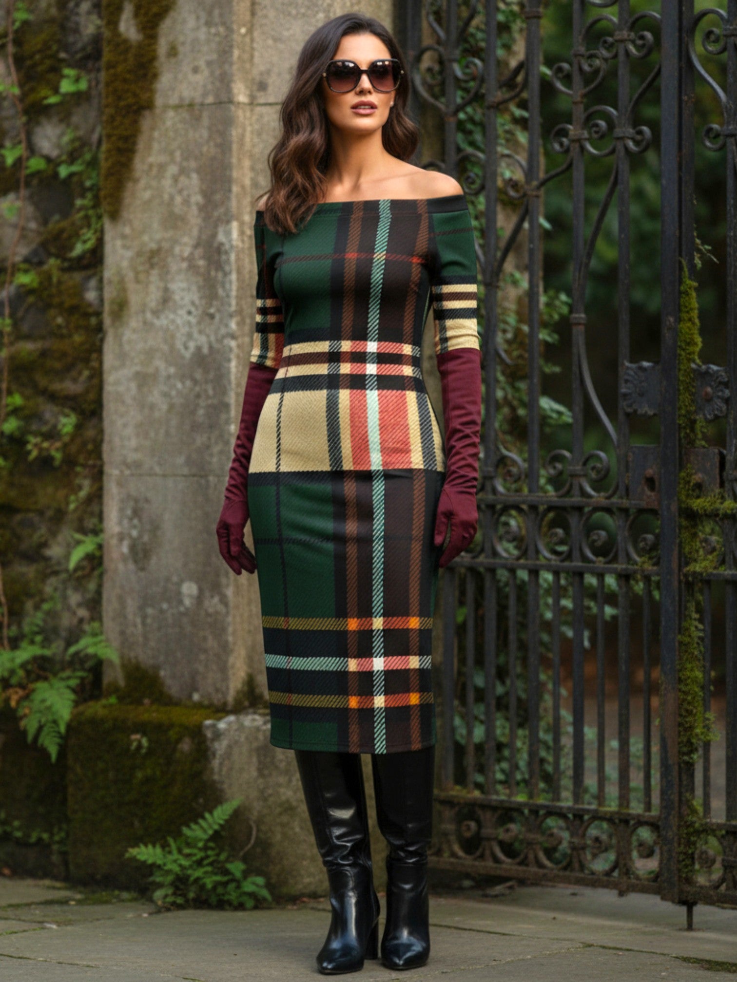 Angelic Blessings Shop tartan off the shoulder midi dress in green, beige, and burgundy plaid with long sleeves and knee-high black boots