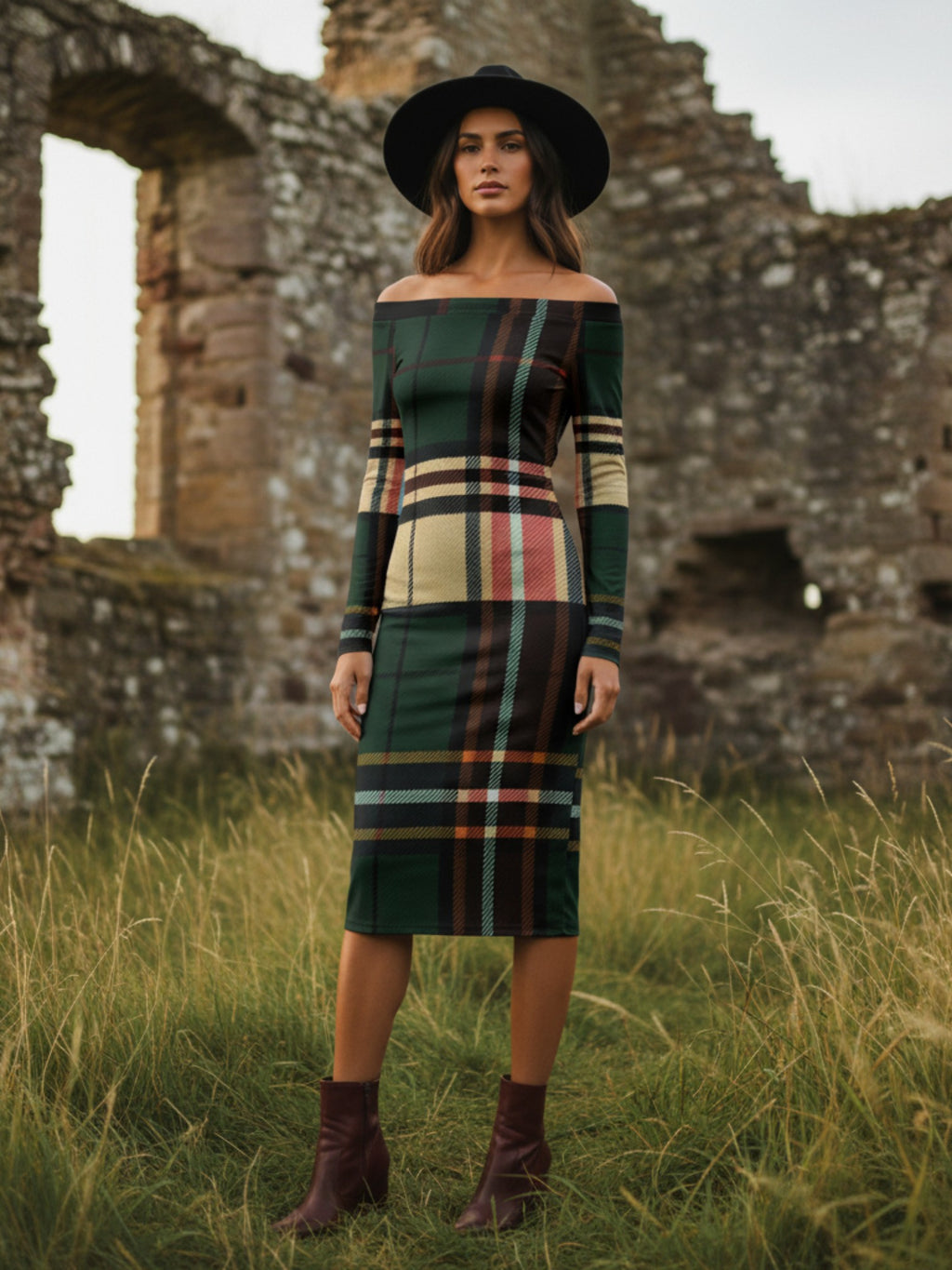 Elegant Aonghas Tartan Off-The-Shoulder Long Sleeve Midi Dress by Angelic Blessings Shop