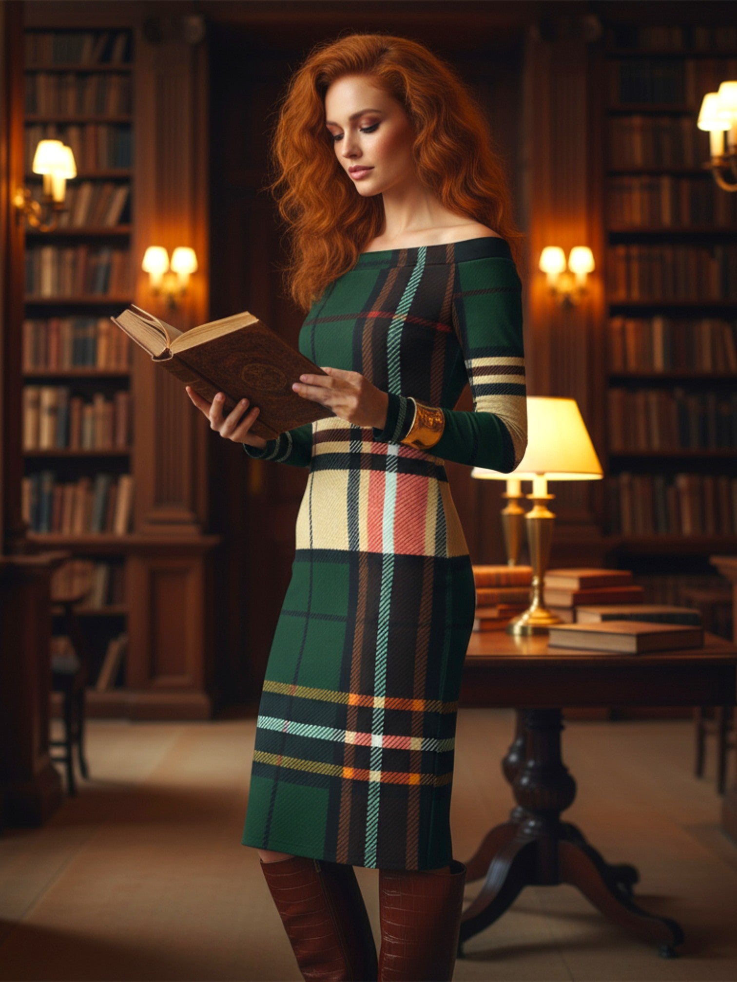 Elegant green tartan plaid off-shoulder midi dress – formal women’s wear