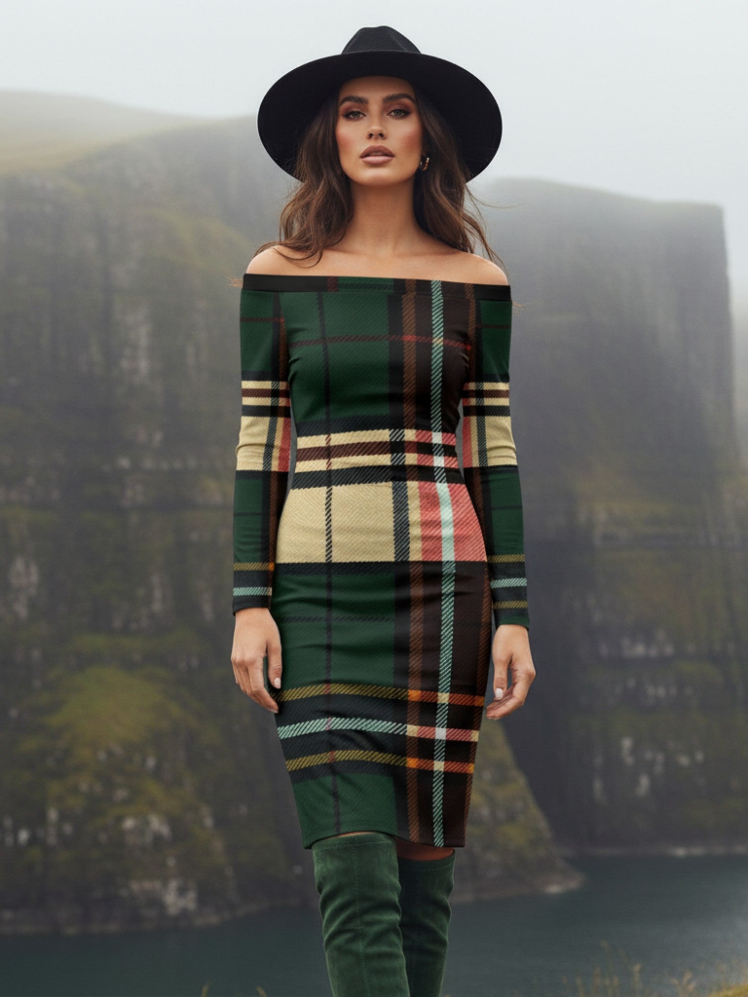 Angelic Blessings Shop tartan off the shoulder midi dress in green and beige plaid worn with black hat outdoors