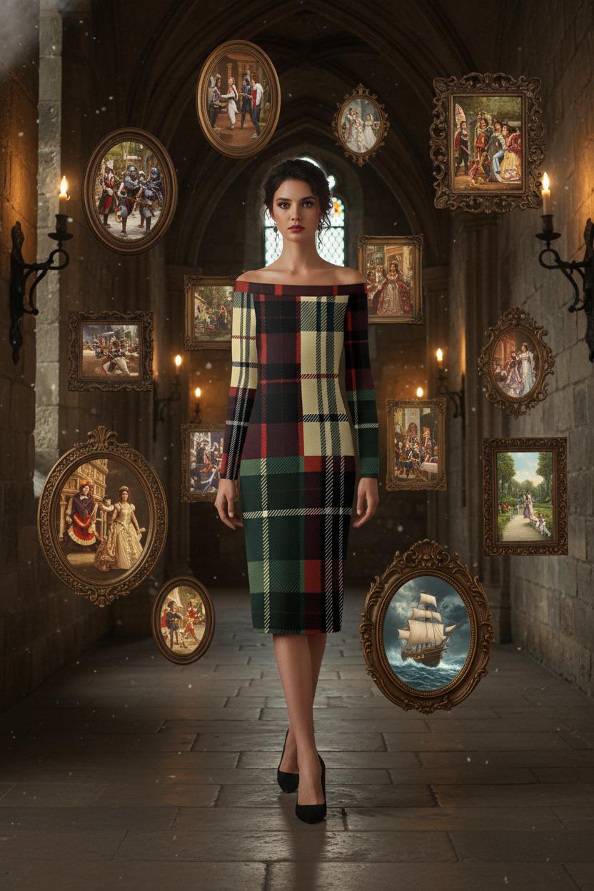 Tartan one shoulder midi dress with elegant tight fit silhouette