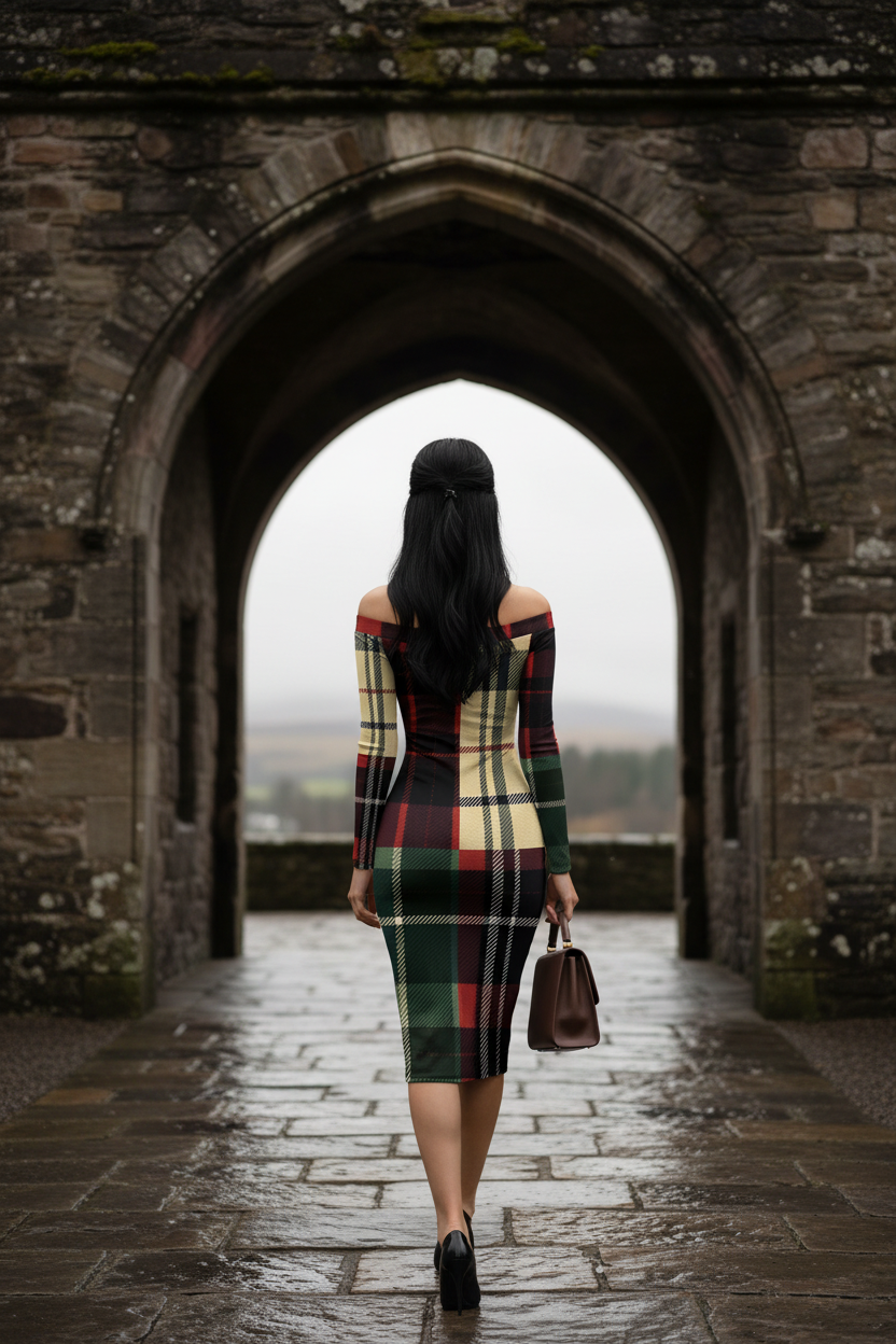 Tartan print off shoulder midi dress featuring sleek bodycon design
