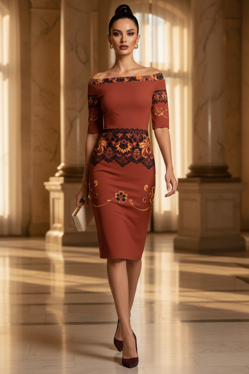 Terracotta Brown Off the Shoulder midi dress Elegant Evening Outfit Floral Lace Detail