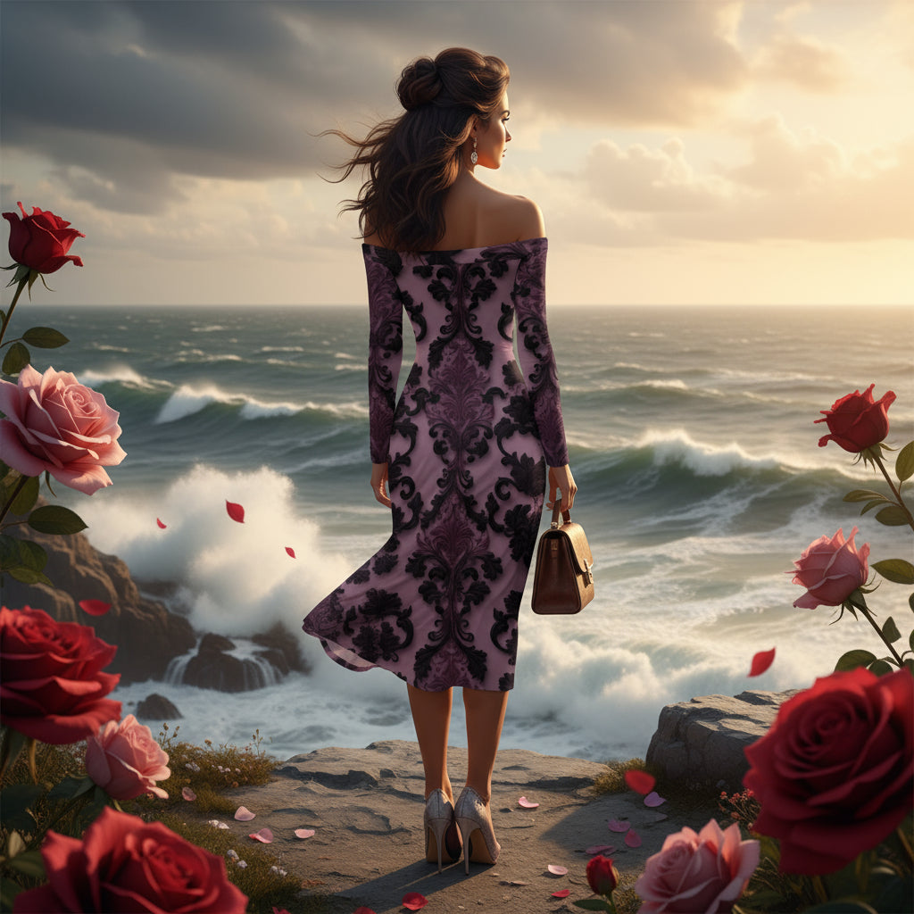 Timeless violet baroque print dress with elegant silhouette