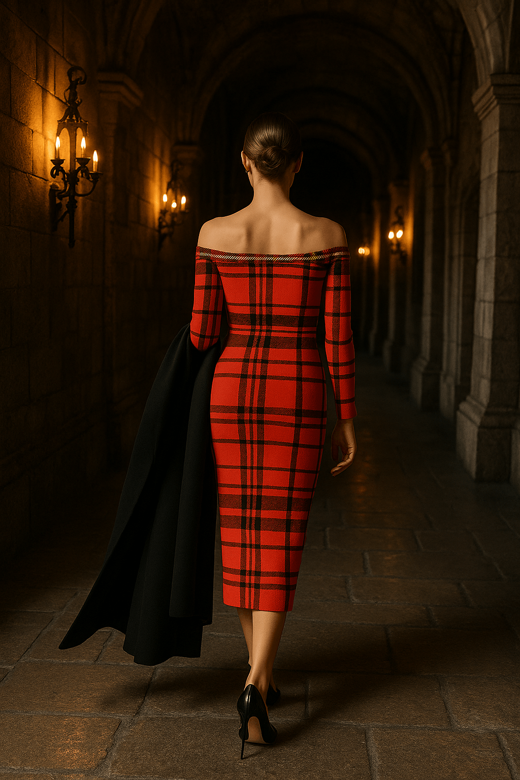 Woman wearing Tioram Red Tartan dress off shoulder bodycon dress walking in dimly lit stone hallway Highlands Fashion