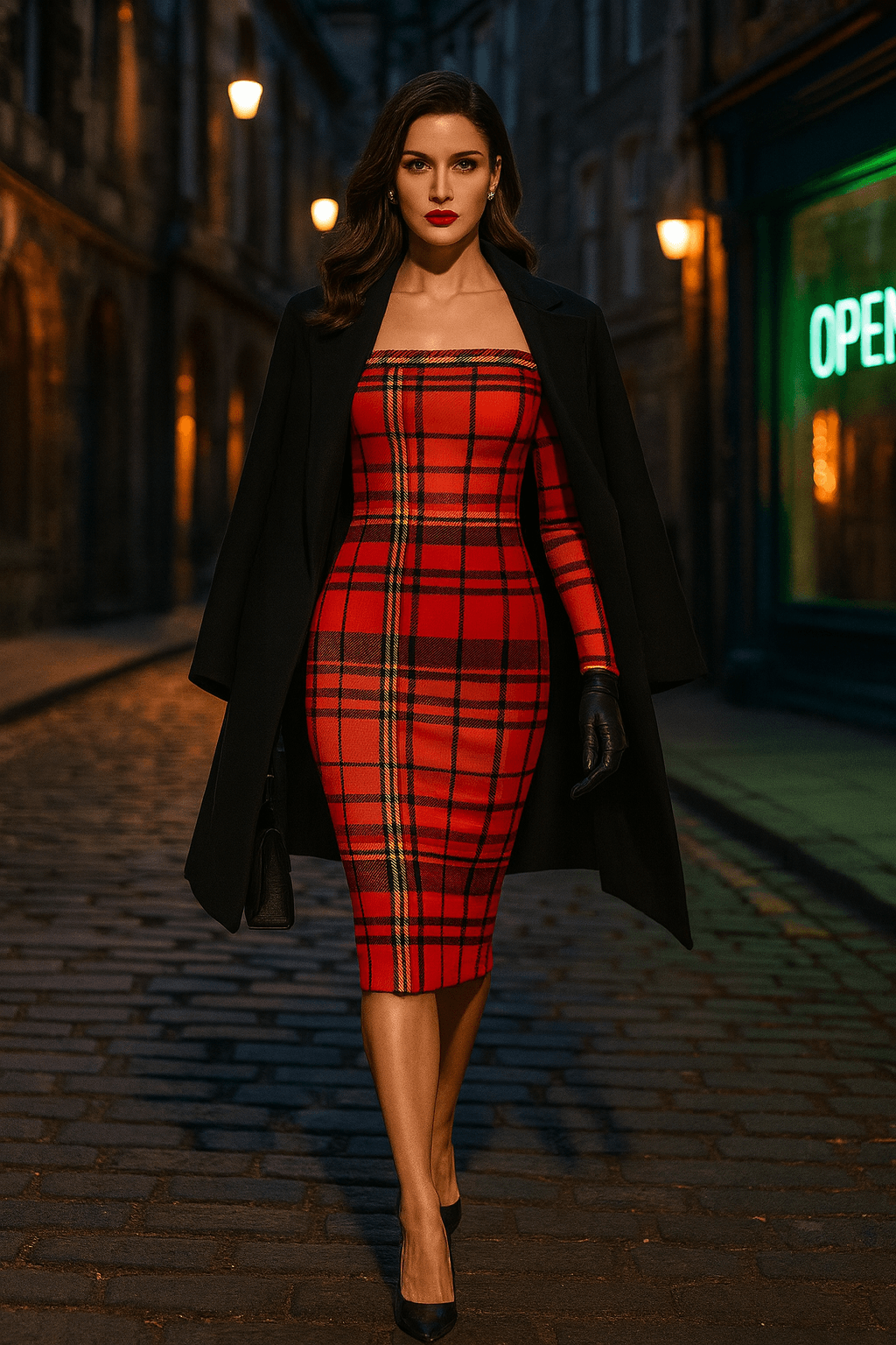 Model wearing a Tioram Red Tartan dress off shoulder bodycon dress from Highlands Fashion