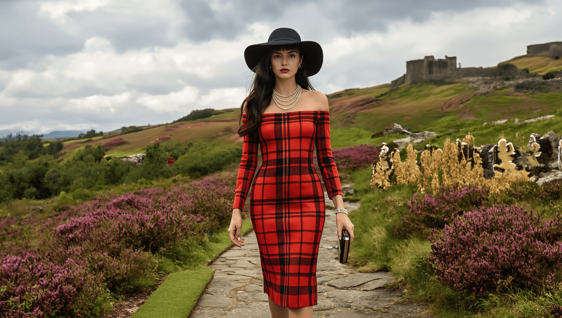 Woman wearing Tioram Red Tartan dress off shoulder bodycon dress from Highlands Fashion in scenic outdoor setting