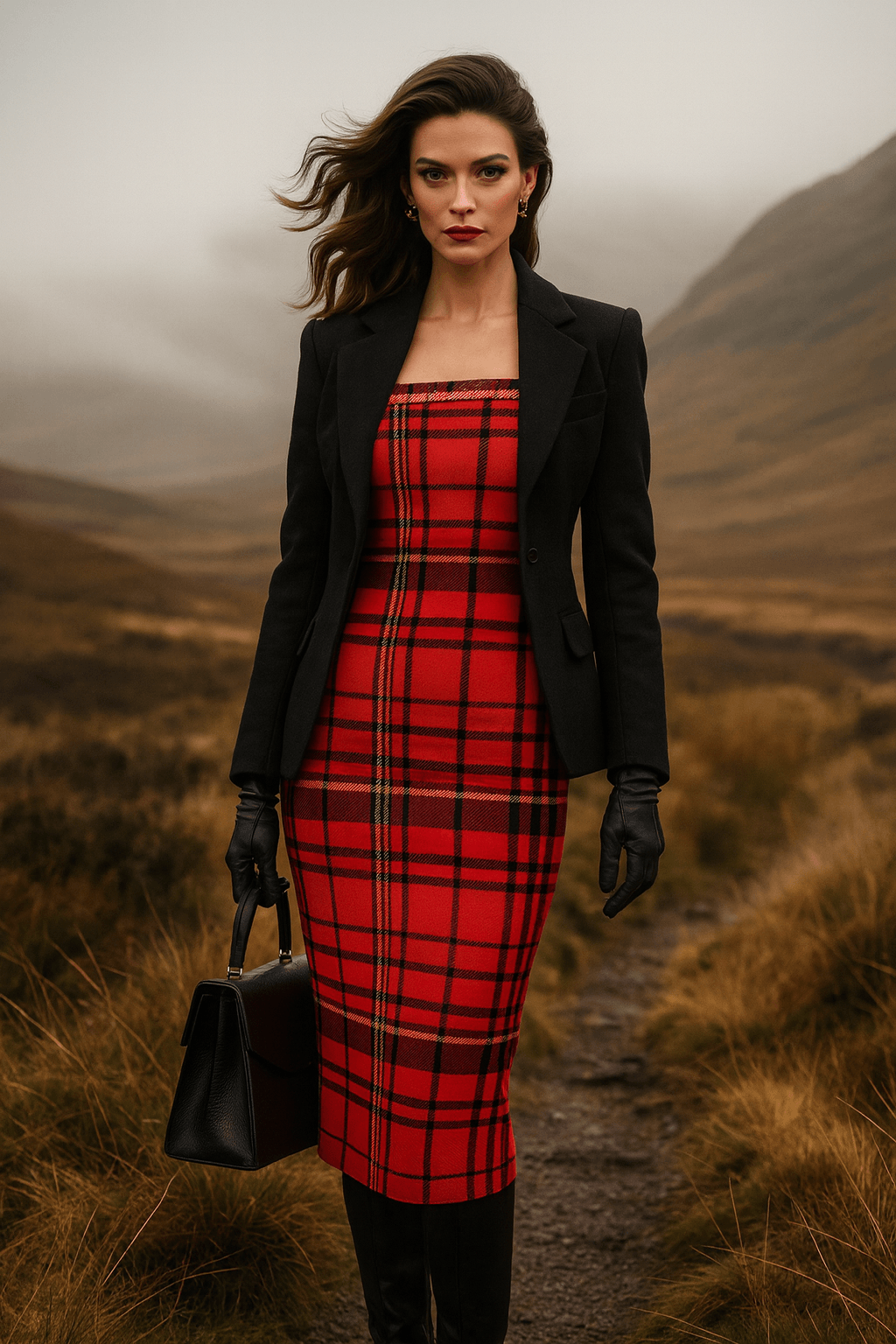 Woman wearing Tioram Red Tartan dress off shoulder bodycon dress from Highlands Fashion in outdoor scenic landscape